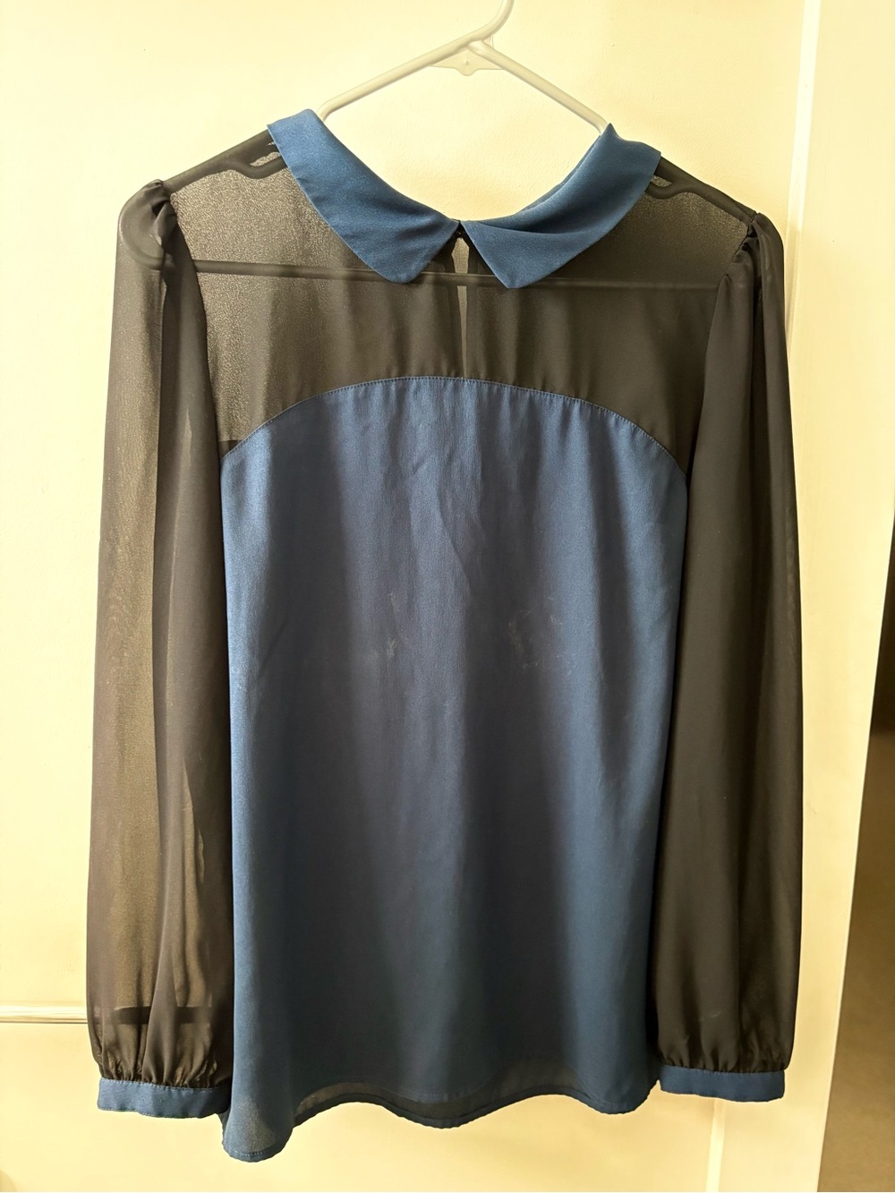 Ann Taylor Blue and Black Contrast Peter Pan Collar Shirt